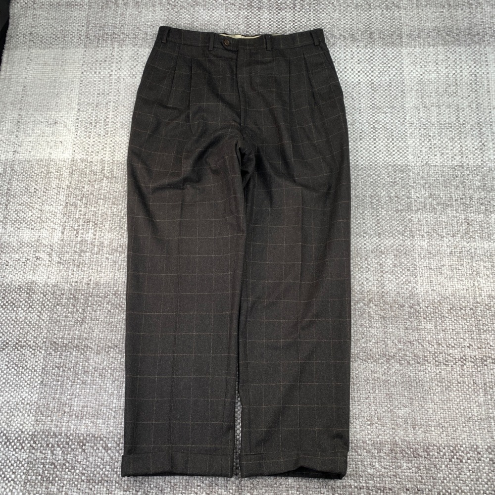 Holland & Holland Trousers Mens 38 Brown Windowpane Wool Pleated Cuffed UK Made